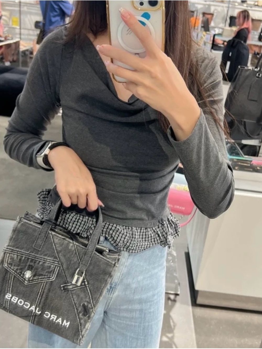 Marc Jacobs Black Gray Denim Small Messenger Tote with Crossbody Strap